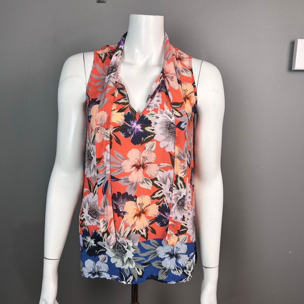 Jade Johnny was Blouse top XS silk floral Hawaiian sleeveless secretary bow